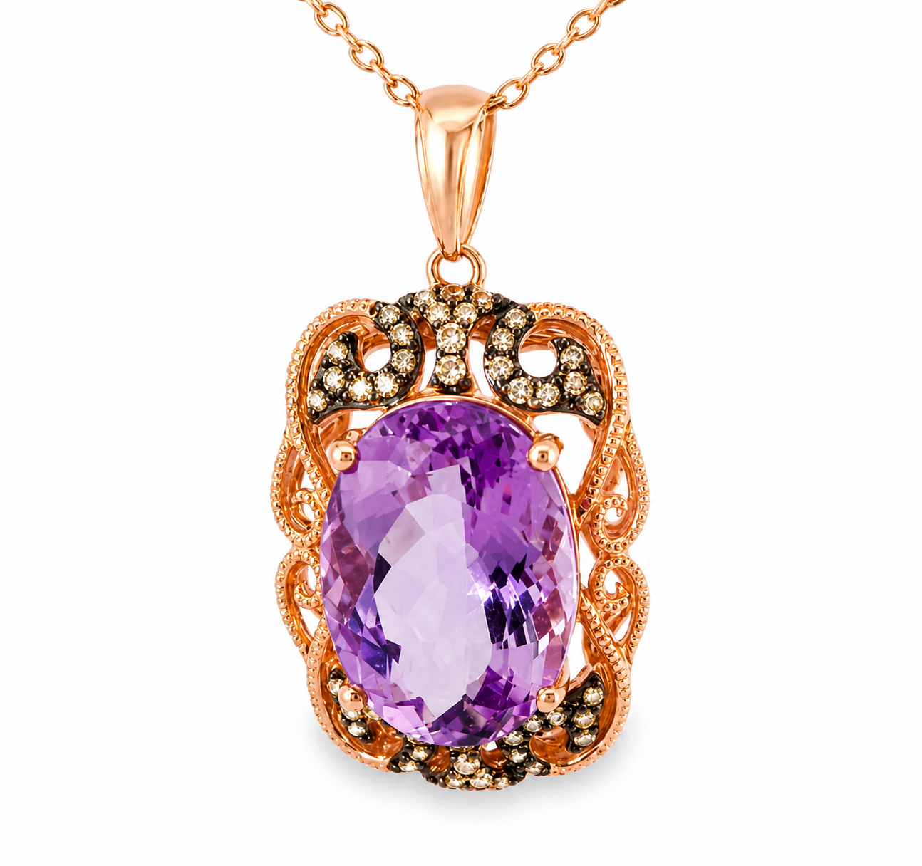 14K Pink Rose Gold Diamond Amethyst Filigree Pendant Necklace