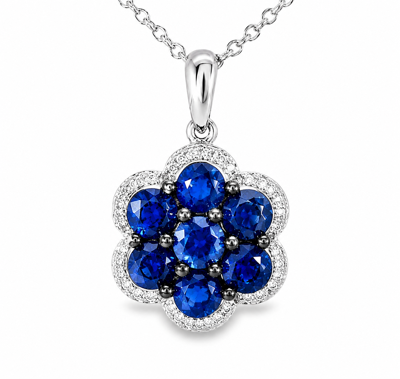 14K White Gold Diamond Sapphire Floral Slide Pendant Necklace
