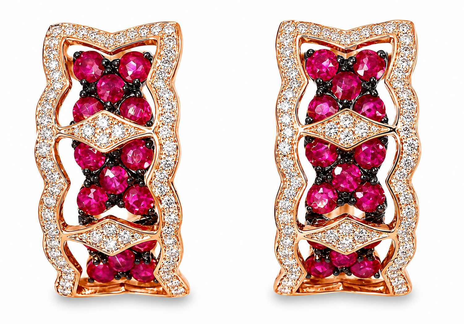 14K Pink Rose Gold Diamond Ruby Flower Huggie Earrings Estate Floral
