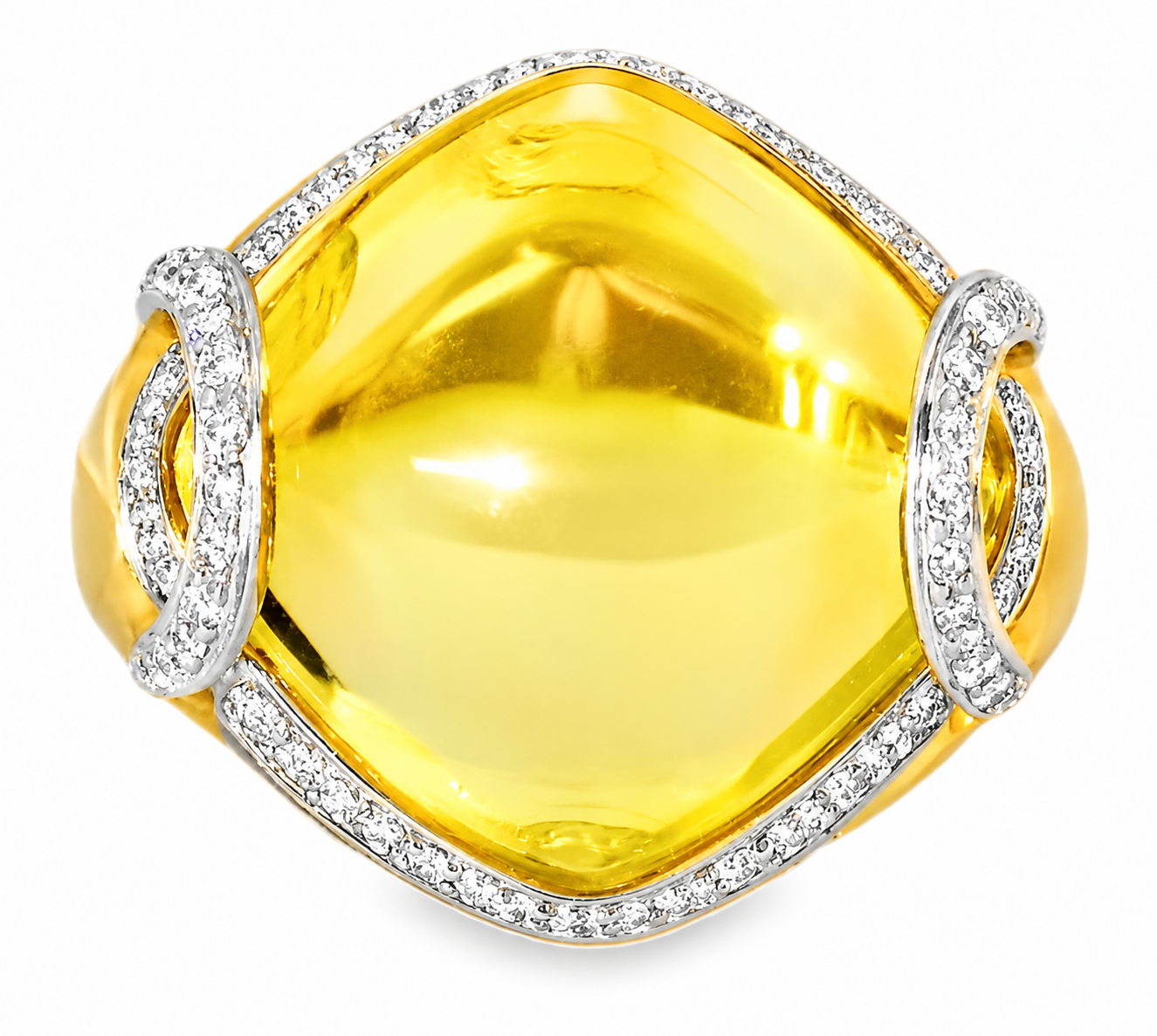 14K Yellow Gold Diamond Cabochon Lemon Quartz Ring Estate Gemstone