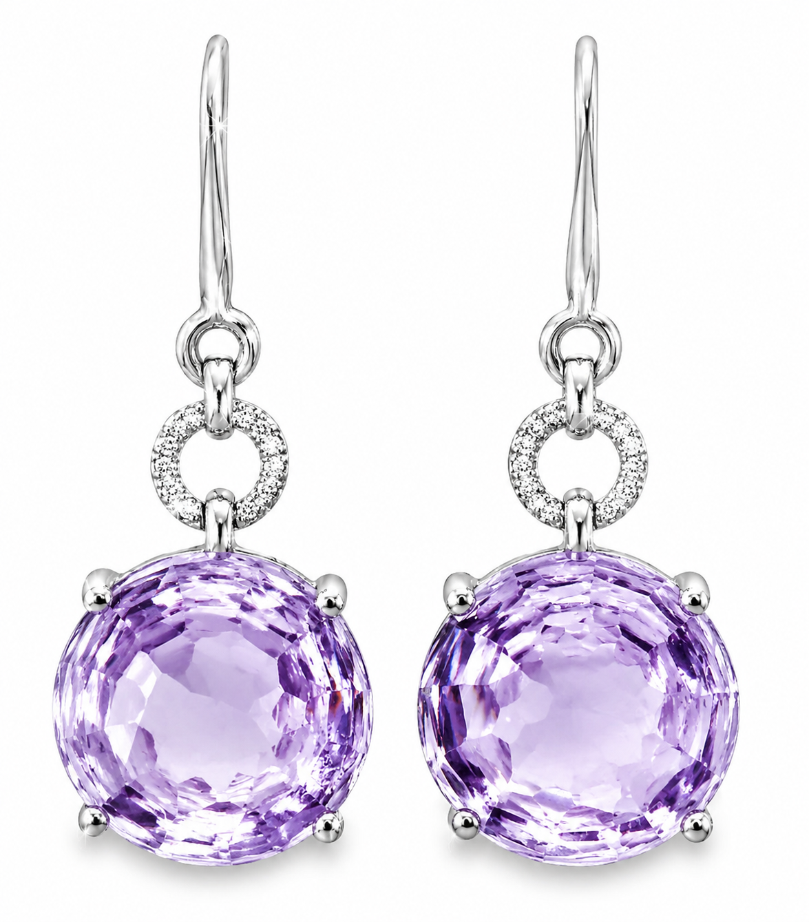 18K White Gold Diamond Cabochon Amethyst Hanging Drop Earrings