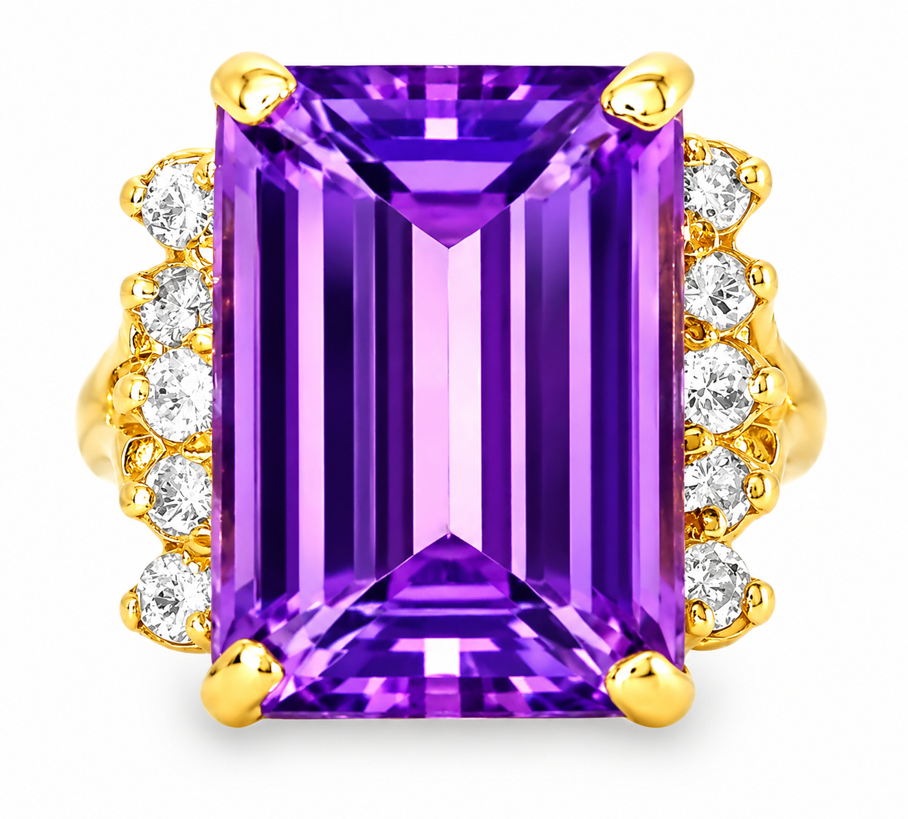 14K Yellow Gold Diamond Amethyst Antique Statement Ring