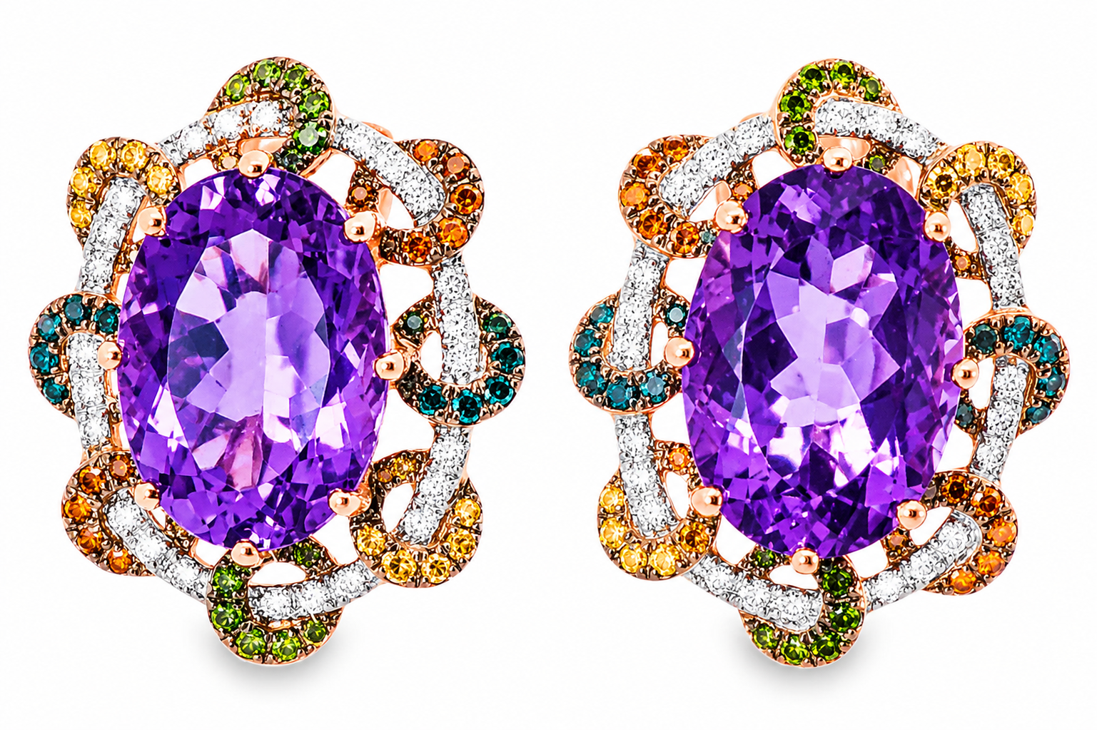 14K Rose Pink Gold Diamond Amethyst Huggie Earrings