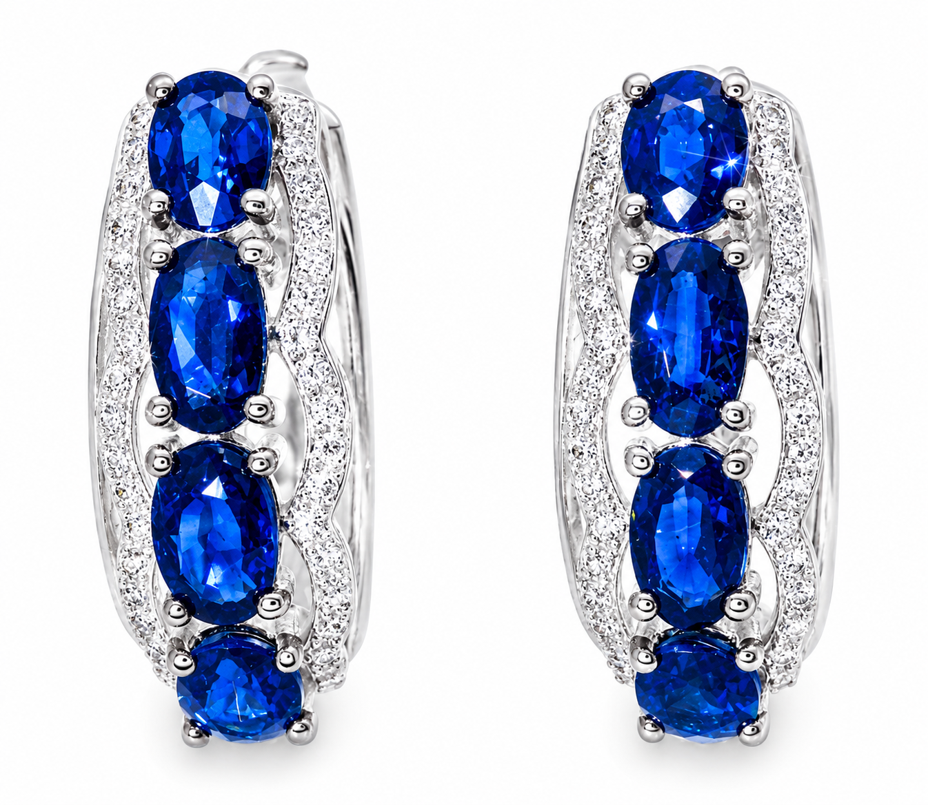14K White Gold Diamond Sapphire Huggie Earrings Sapphires