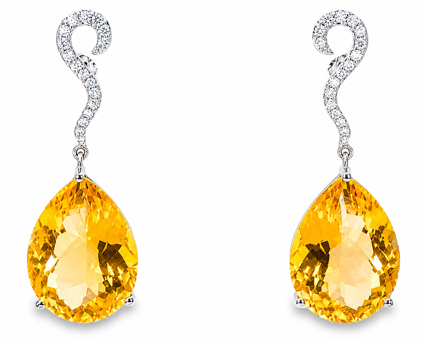 18K White Gold Diamond Citrine Drop Earrings Pear Citrine