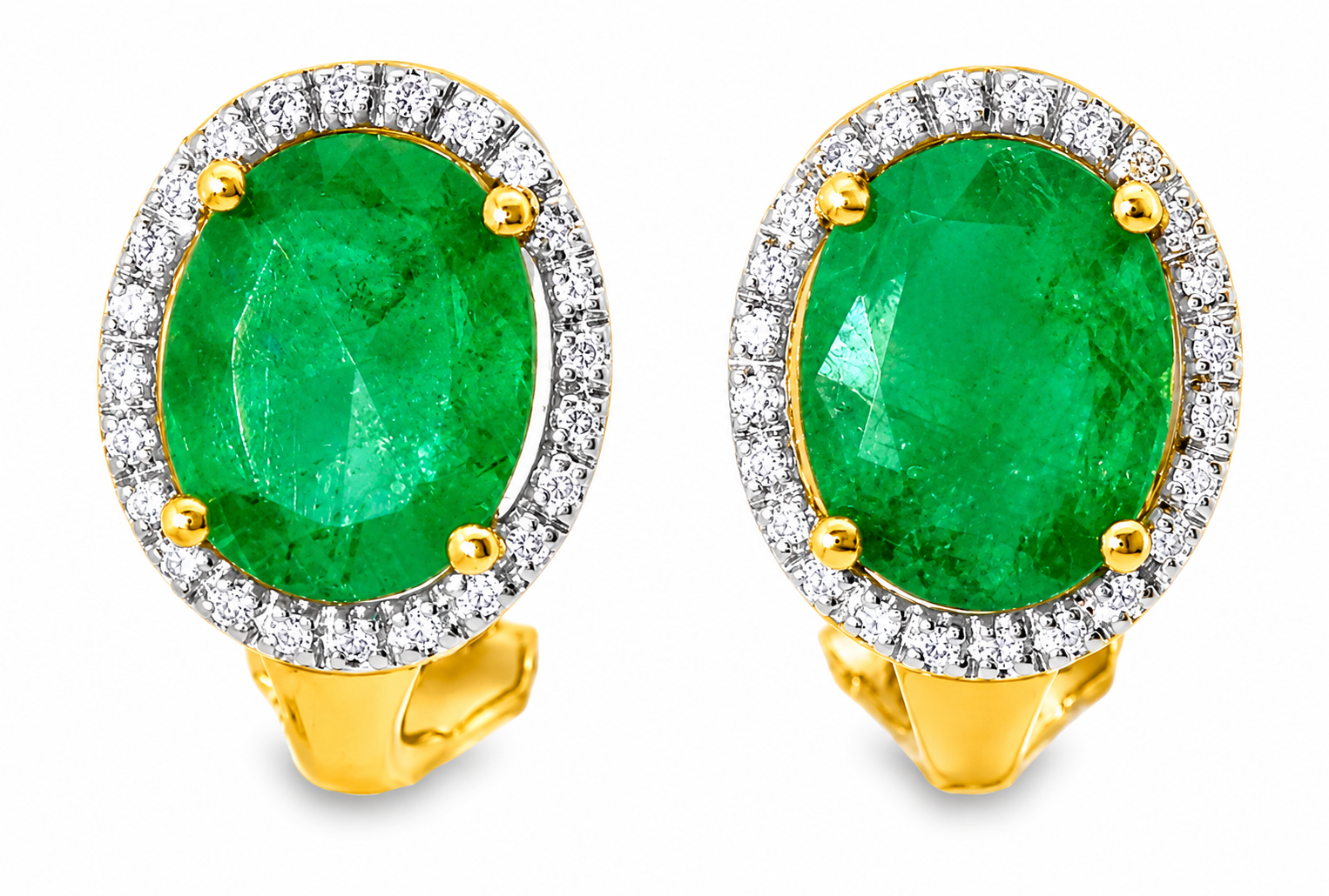 18K Yellow Gold Diamond Emerald Huggie Earrings