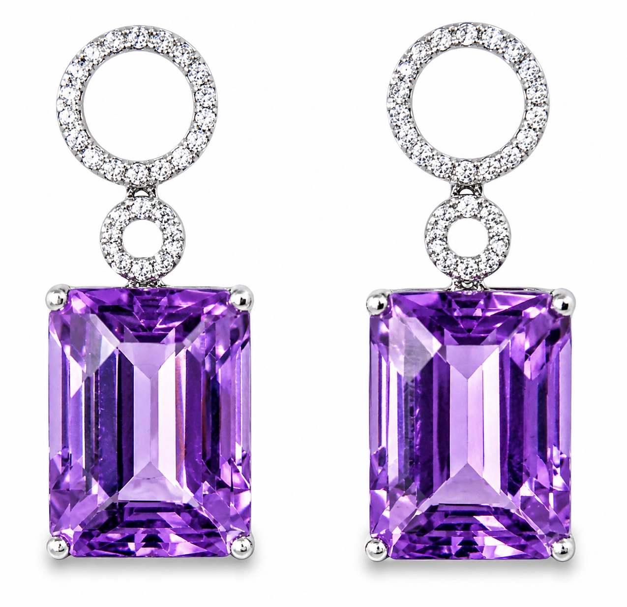 18K White Gold Diamond Amethyst Drop Earrings