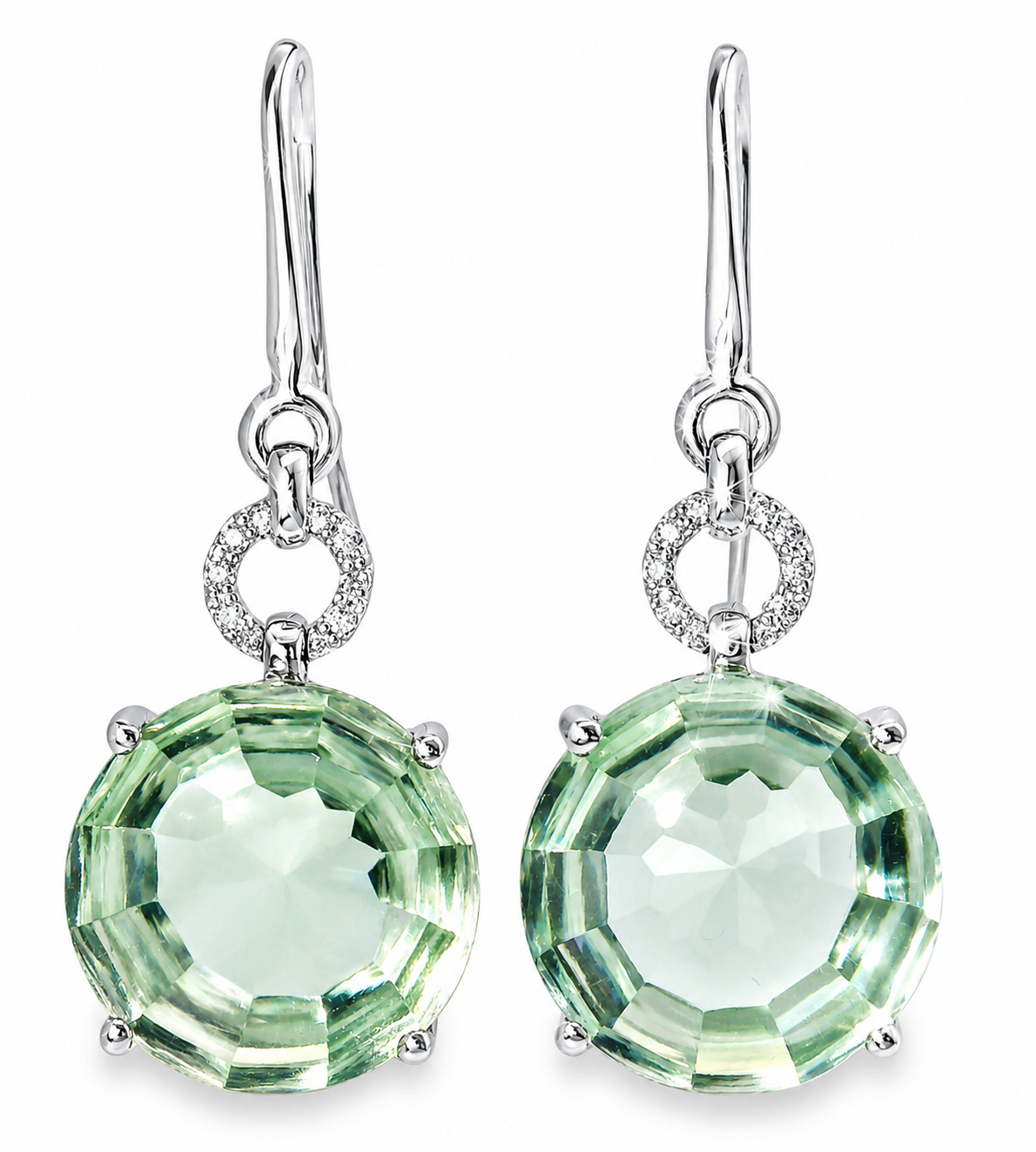 18K White Gold Diamond Cabochon Green Amethyst Hanging Earrings