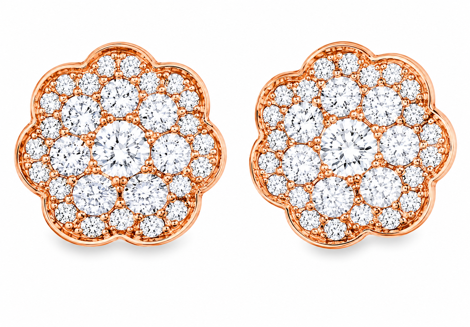 14K Pink Rose Gold Diamond Flower Stud Earrings