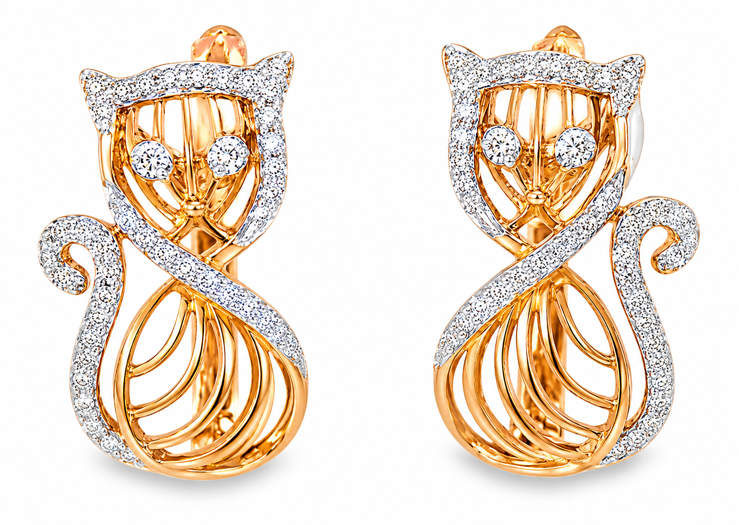 14K Pink Rose Gold Diamond Cat Huggie Earrings