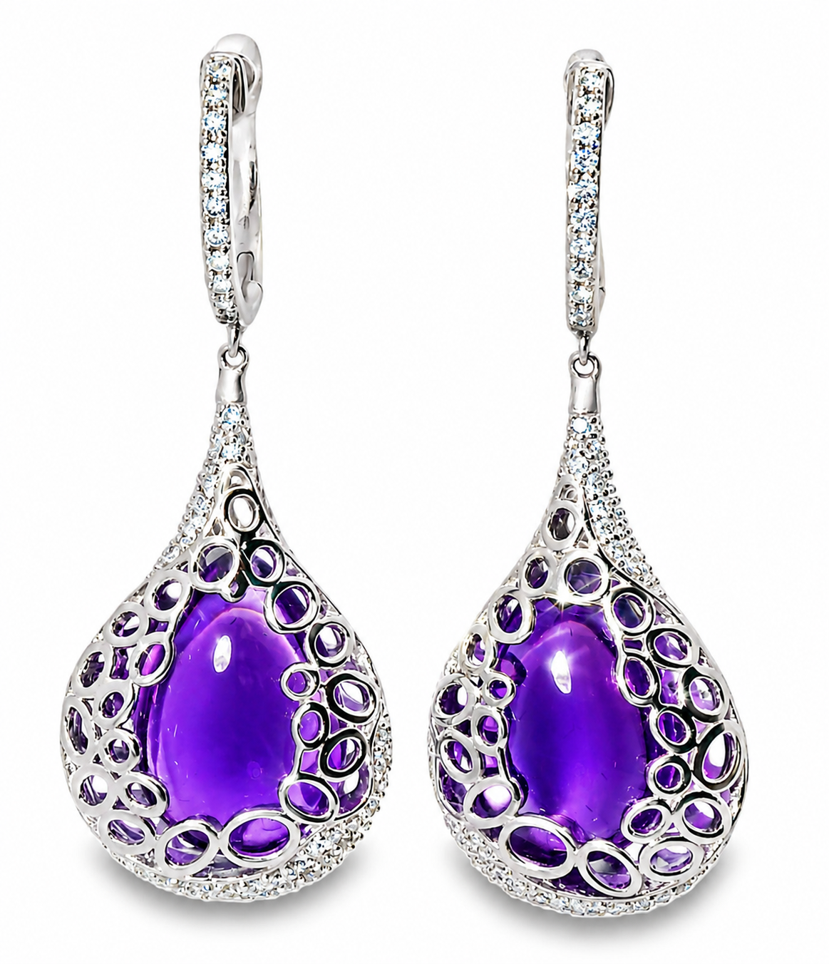14K White Gold Diamond Cabochon Amethyst Hanging Earrings