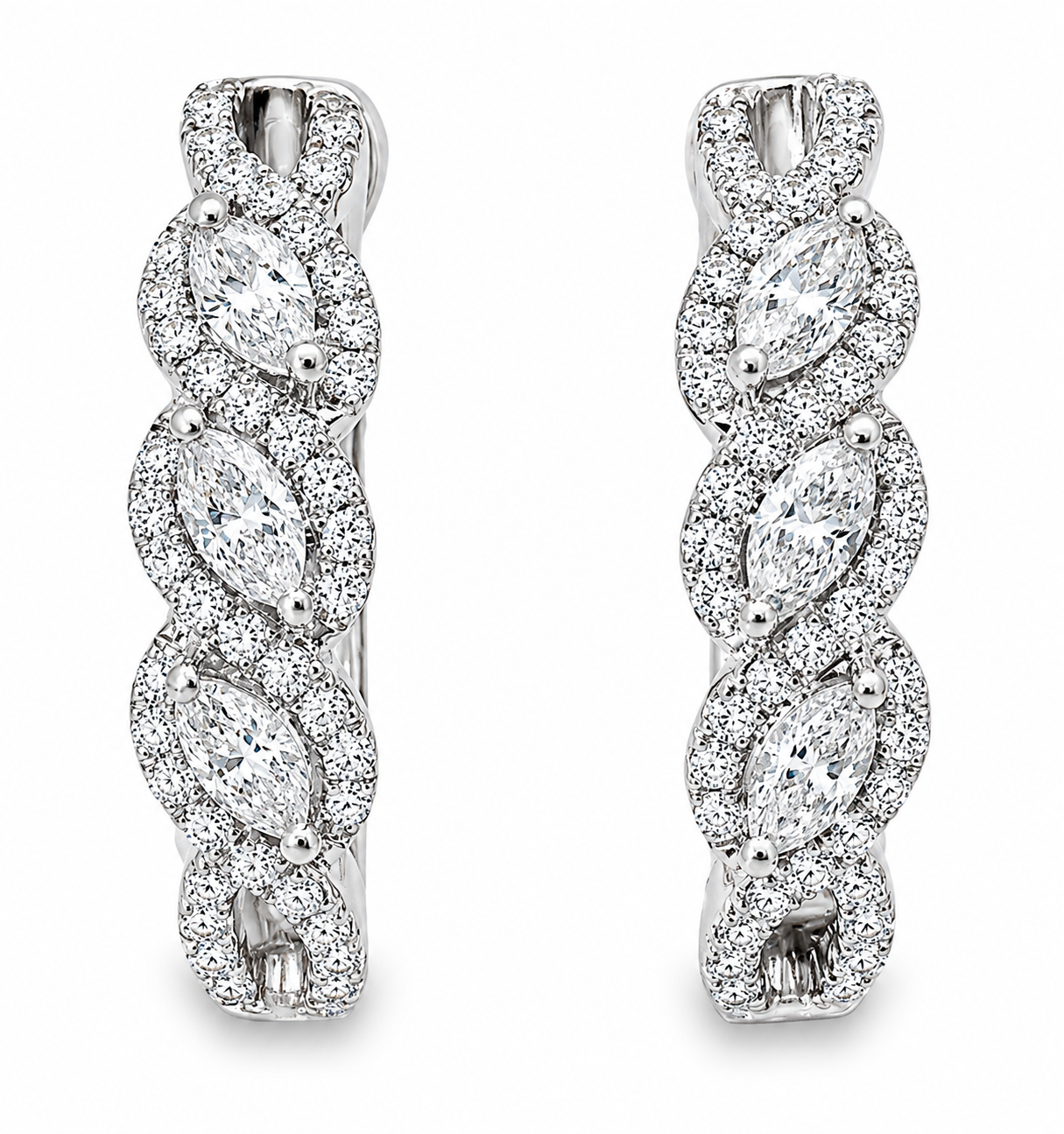 14K White Gold Diamond Marquise Round Huggie Earrings