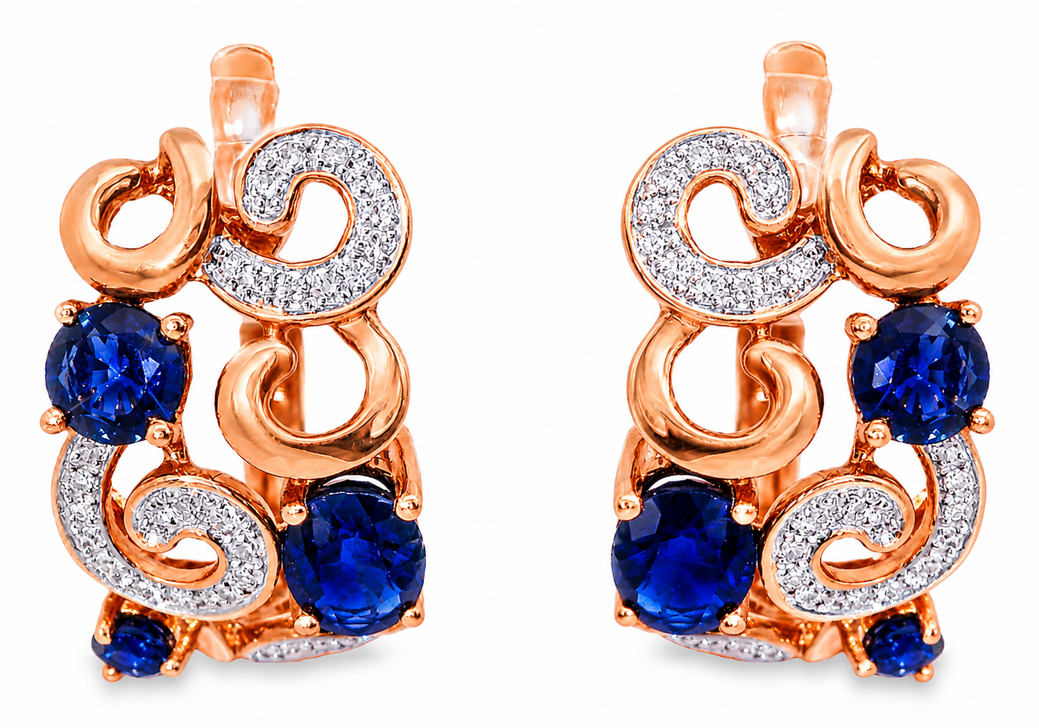 14K Pink Rose Gold Diamond Sapphire Swirl Earrings