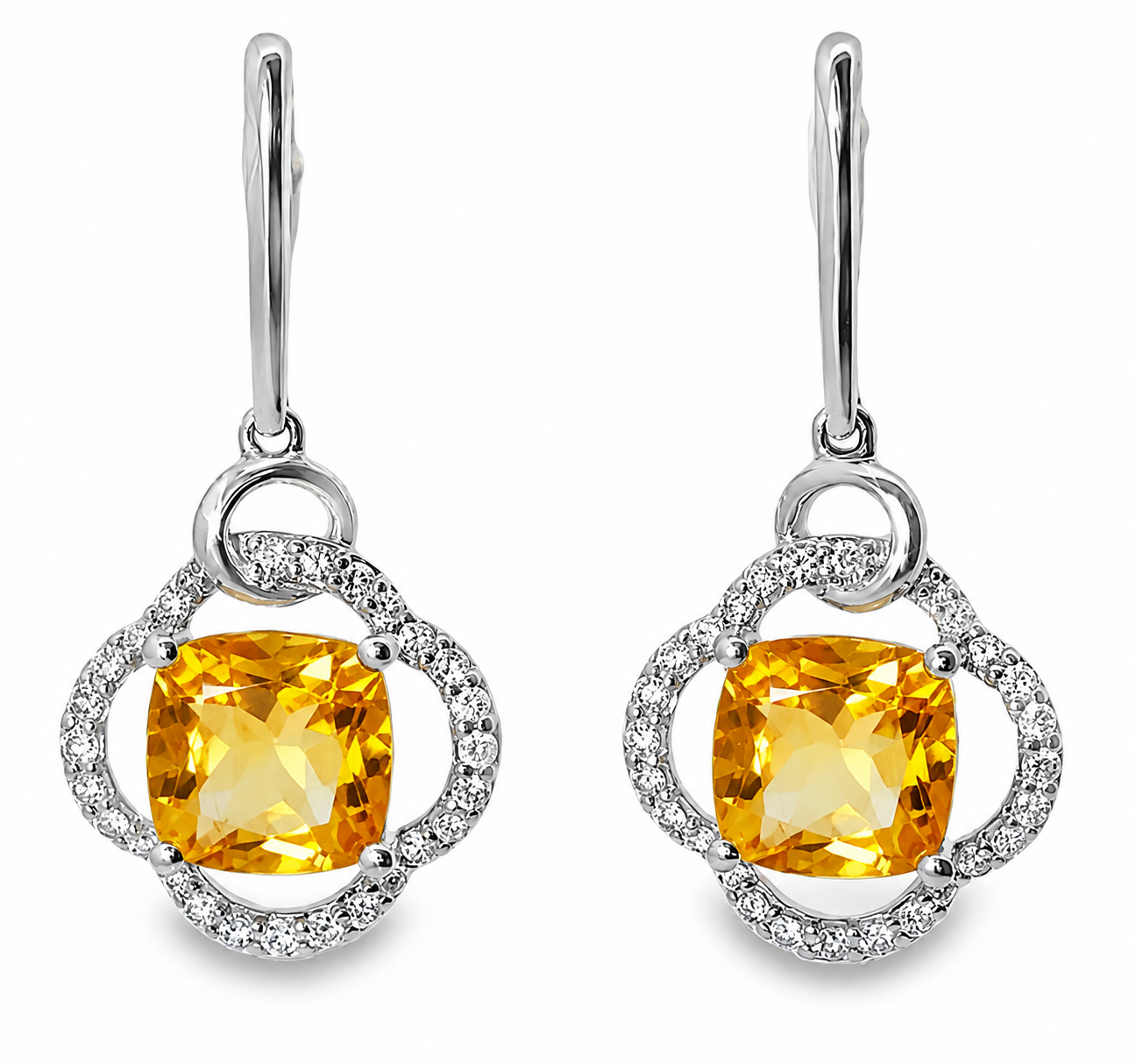 18K White Gold Diamond Citrine Hanging Earrings