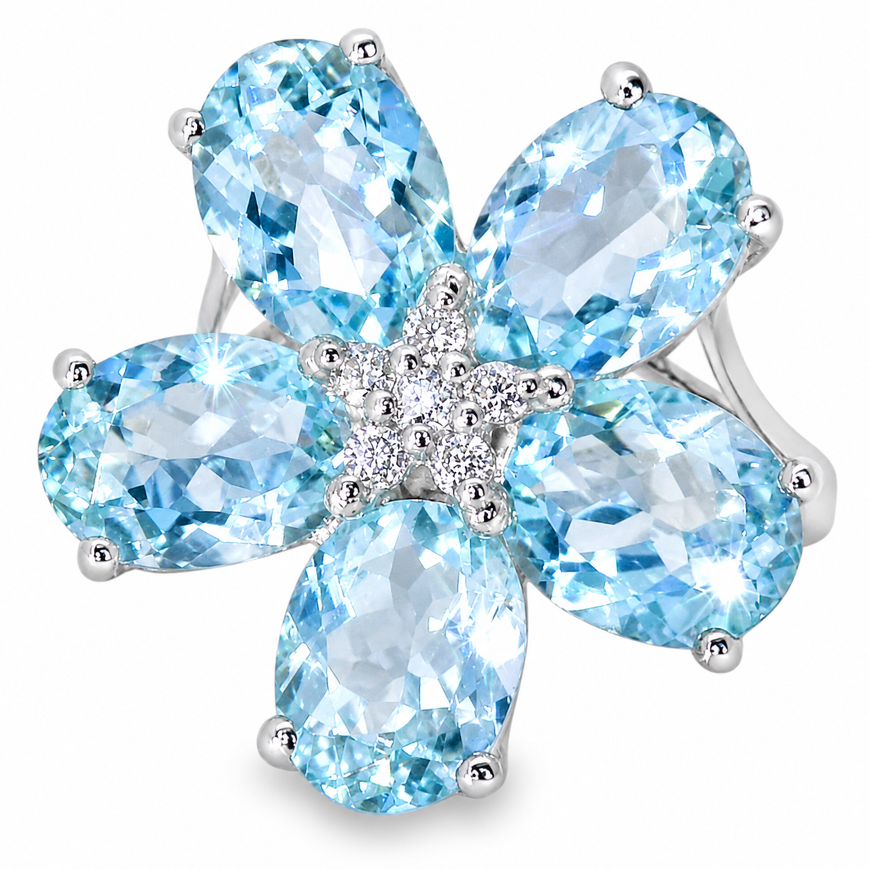 18K White Gold Diamond Aquamarine Floral Ring