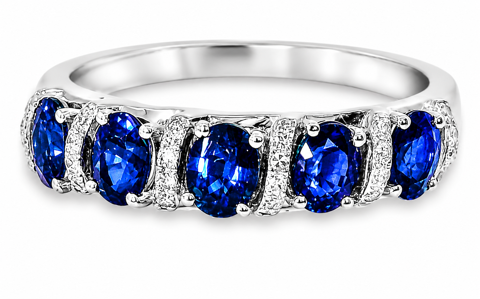14K White Gold Diamond Sapphire 5 Stone Band Ring