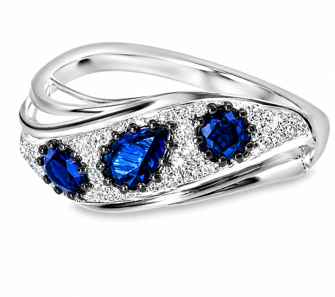 14K White Gold Diamond Sapphire Designer Band Ring