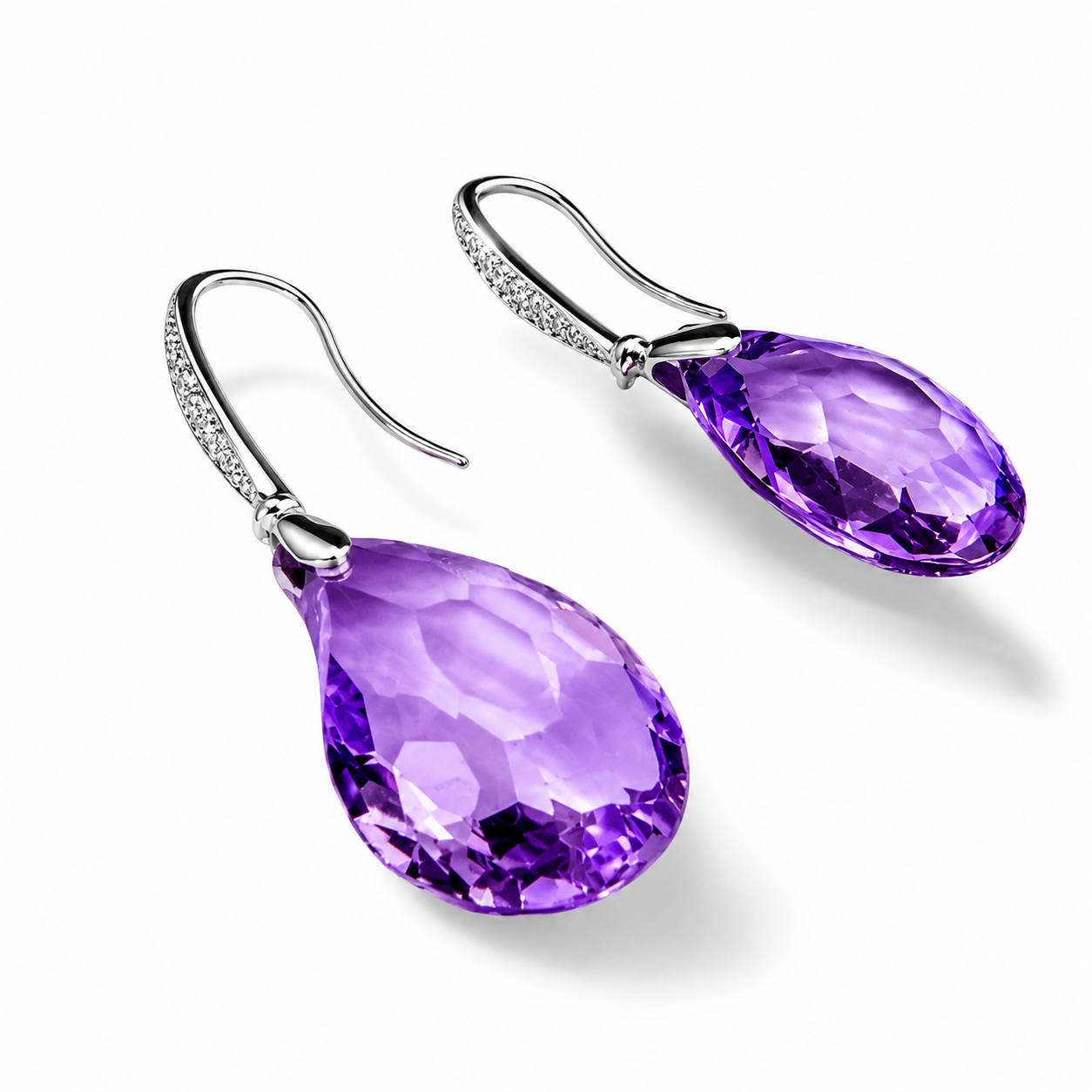 18K White Gold Diamond Amethyst Dangle Drop Earrings