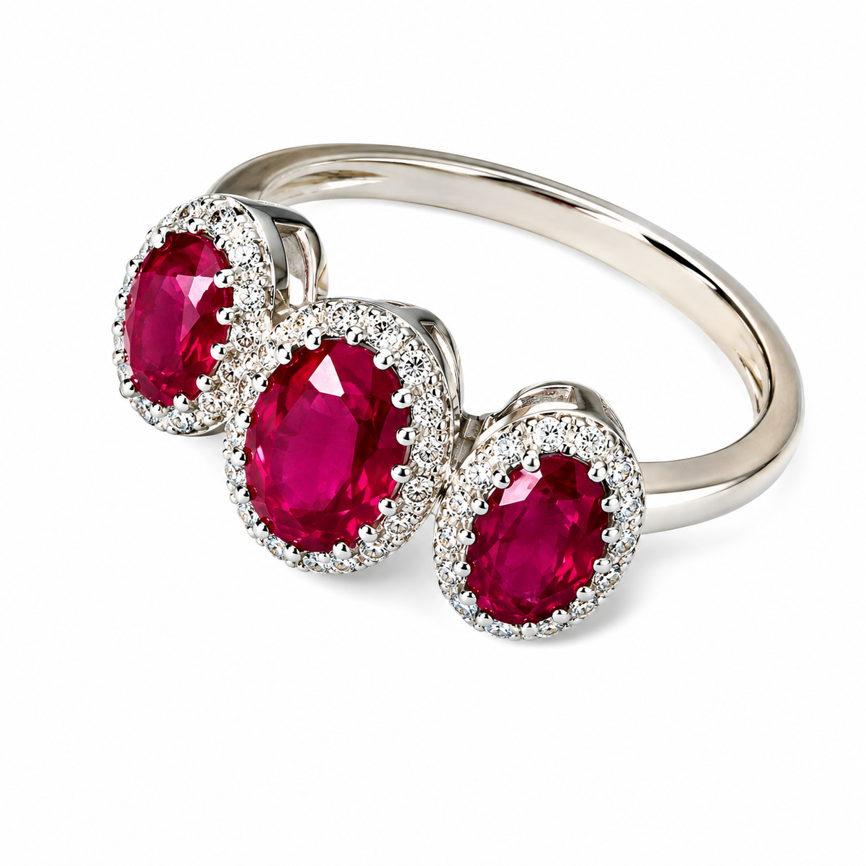 14K White Gold Diamond Ruby 3 Stone Band Ring
