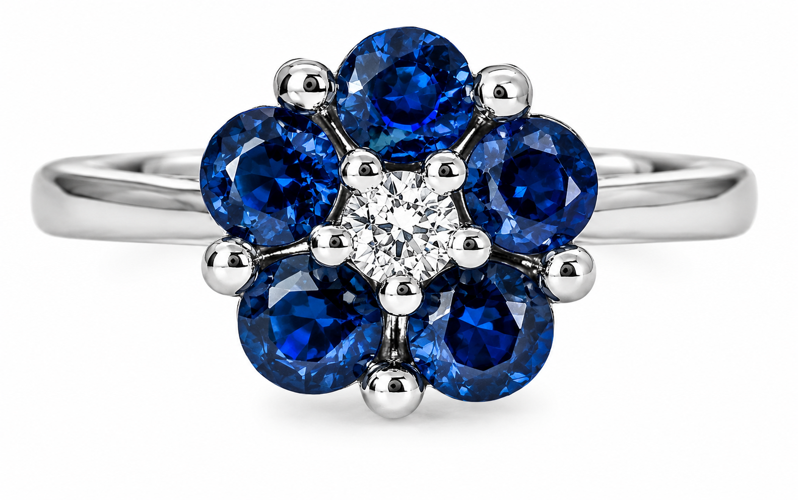 14K White Gold Diamond Sapphire Flower Ring