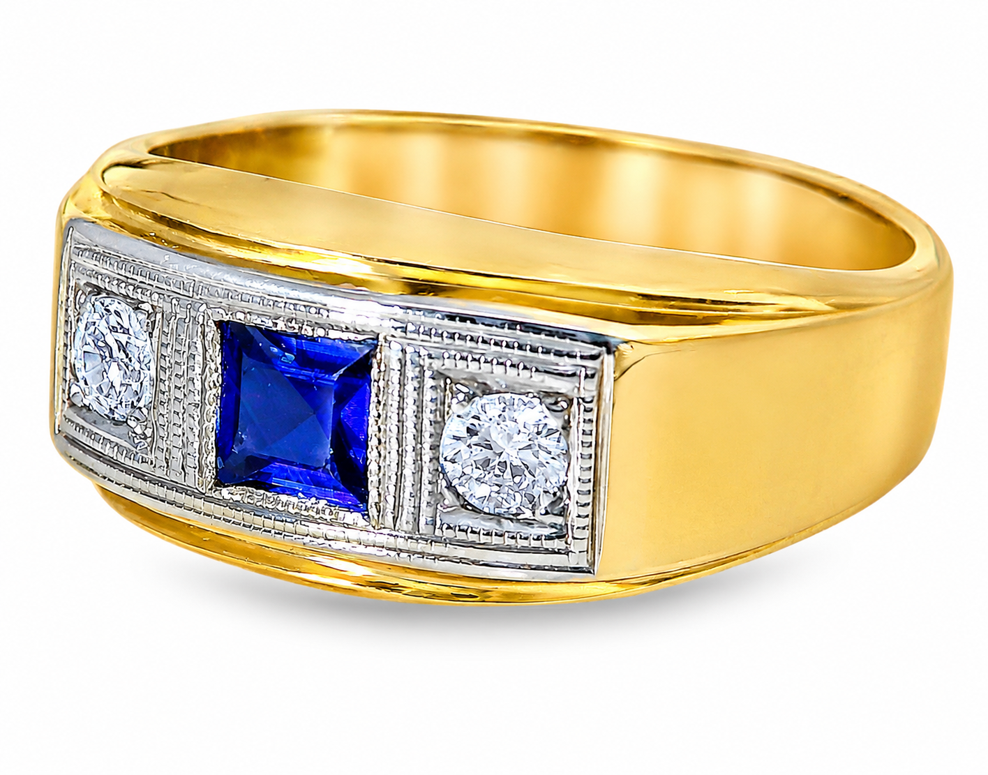 14K Two Tone Gold Sapphire Diamond 3 Stone Unisex Antique Band Ring