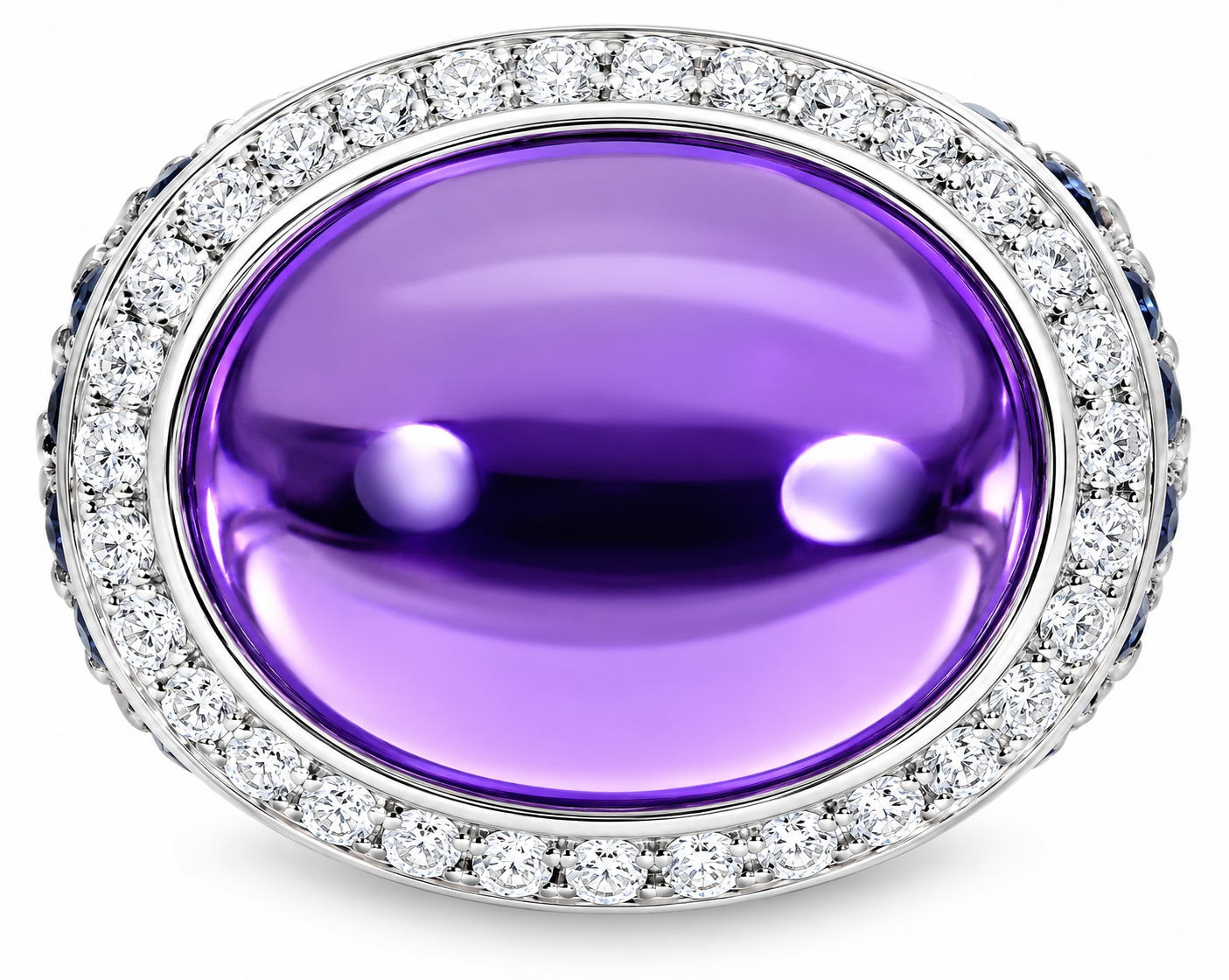 14K White Gold Diamond Cabochon Amethyst Sapphire Ring