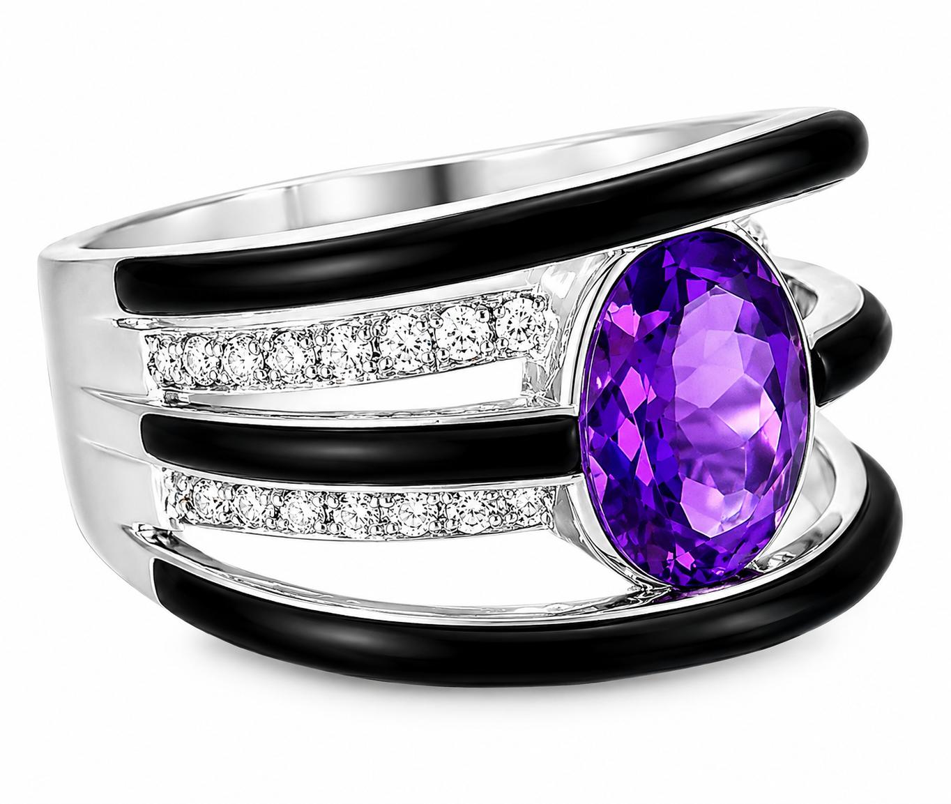 14K White Gold Diamond Amethyst Onyx Band Ring