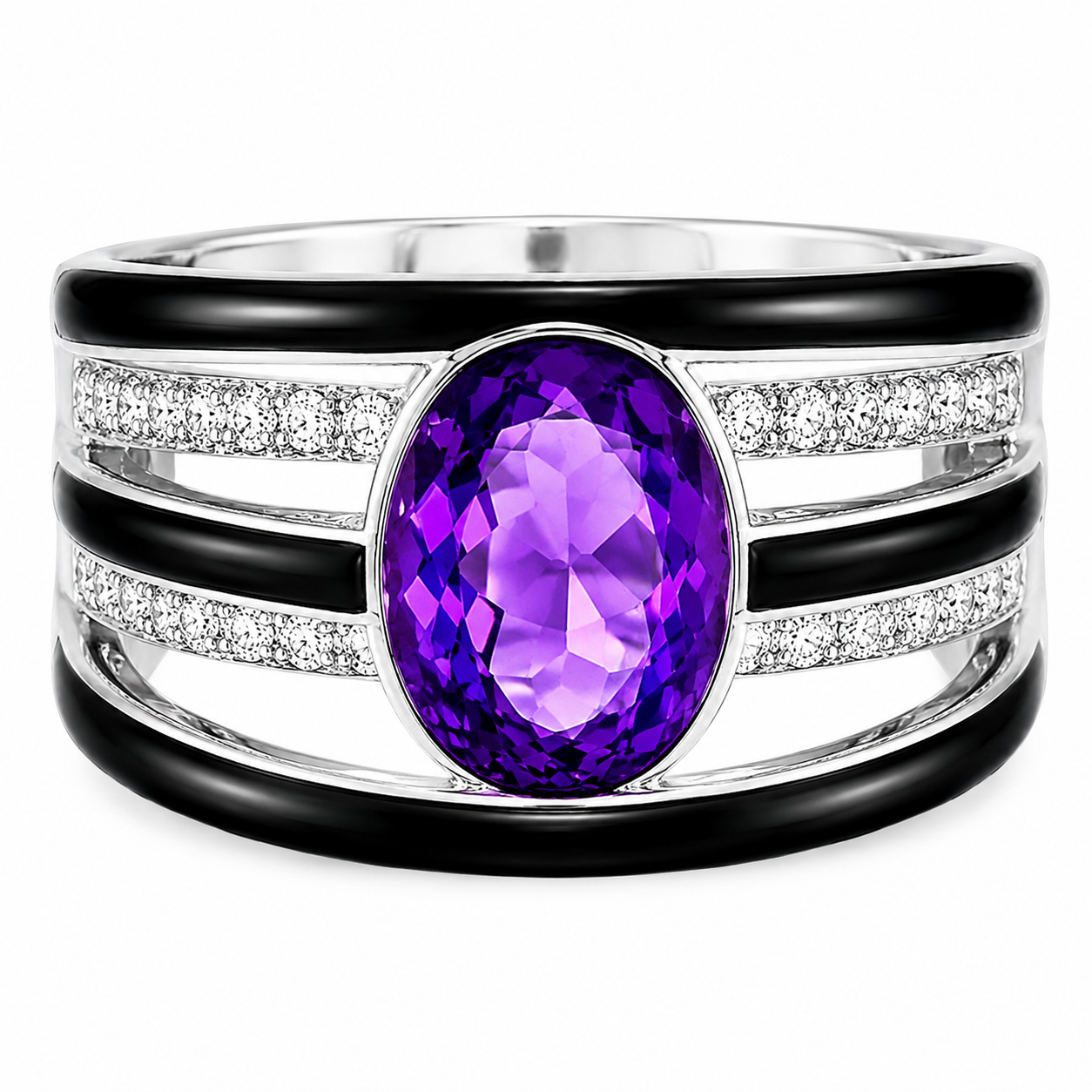 14K White Gold Diamond Amethyst Onyx Band Ring