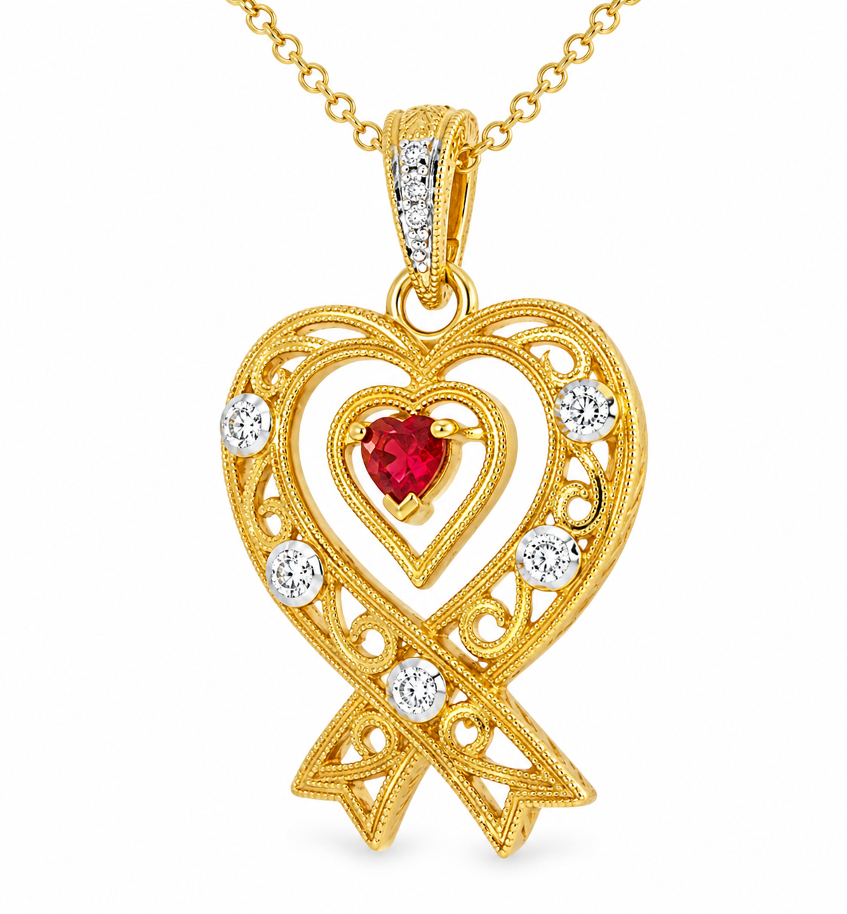 14K Yellow Gold Filigree Diamond Heart Red Sapphire Pendant