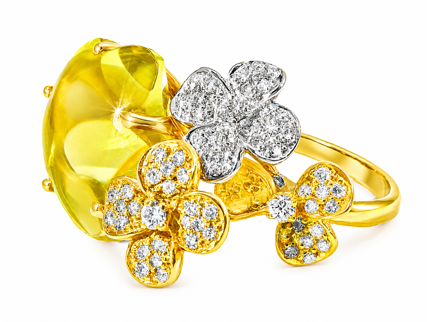 18K Tri Color Gold Diamond Cabochon Lemon Quartz Floral Ring