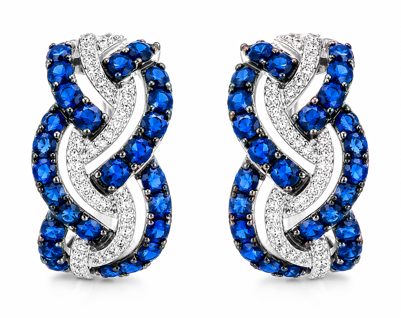 14K White Gold Diamond Sapphire Huggie Braided Earrings