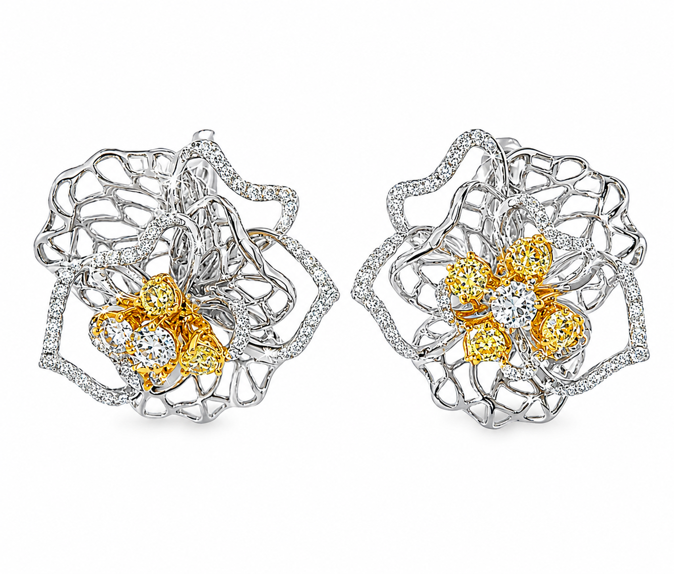 18K White Two Tone Gold Yellow Diamond Floral Earrings