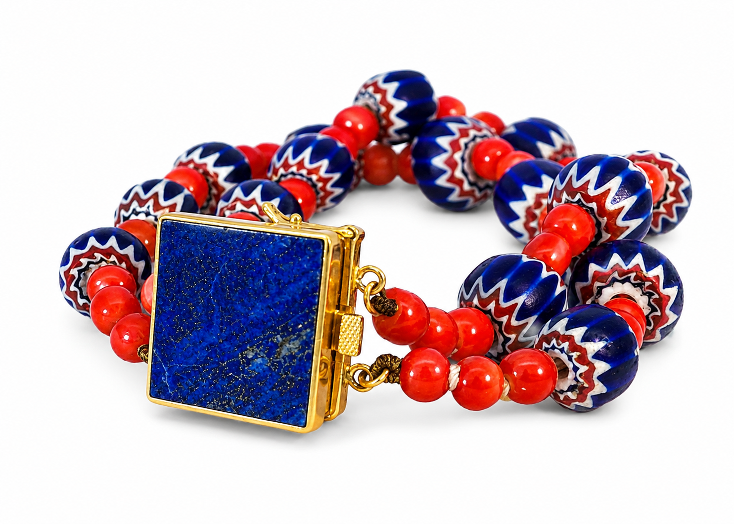 14K Yellow Gold Designer Red Undyed Coral Strand Lapis Lazuli Bracelet