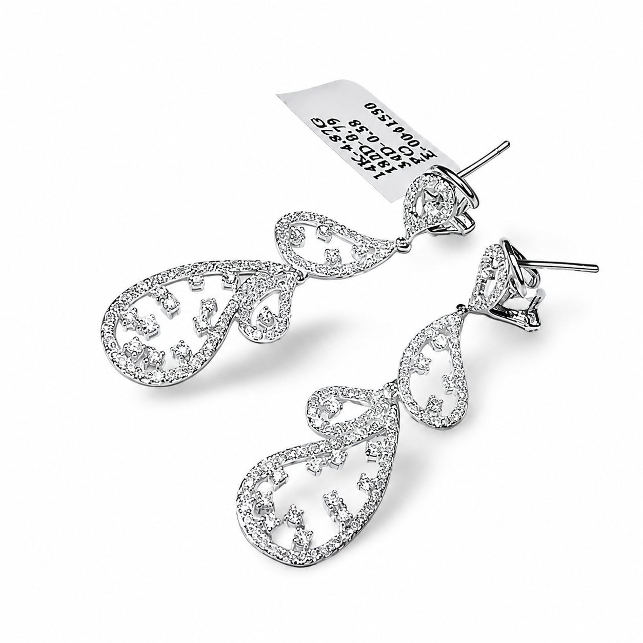 14K White Gold Diamond Hanging Drop Dangle Filigree Earrings