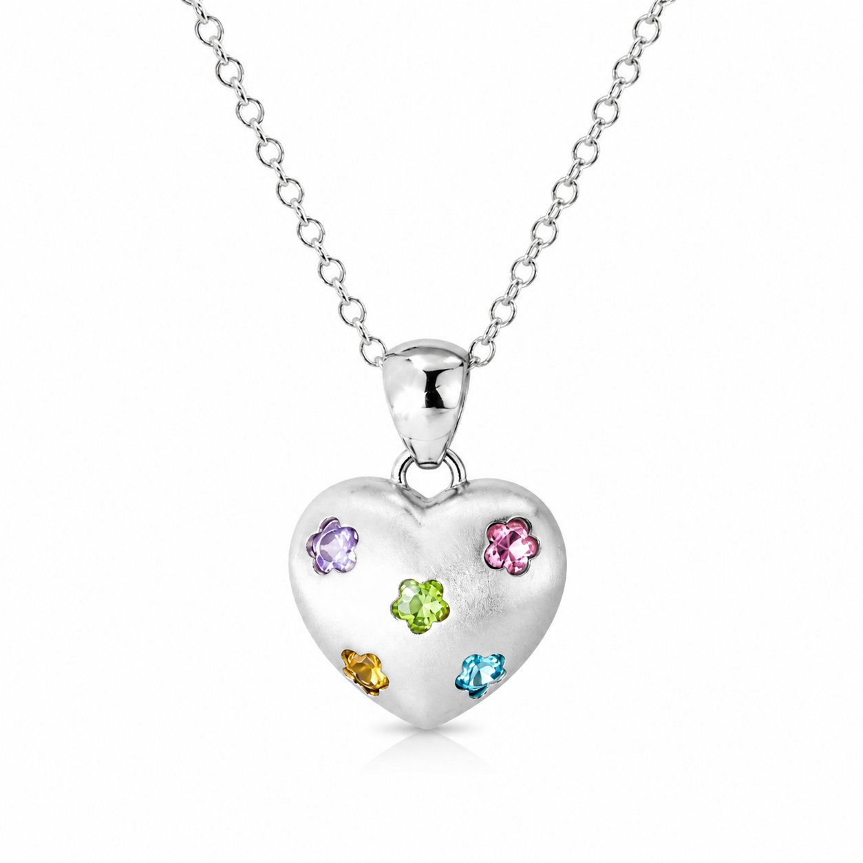 14K White Gold Floral Gemstone Heart Pendant