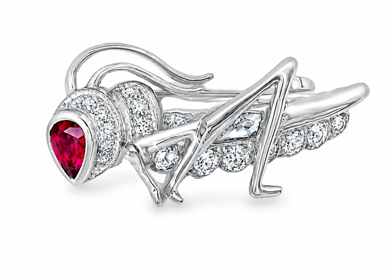 14K White Gold Ruby Diamond Grasshopper Brooch