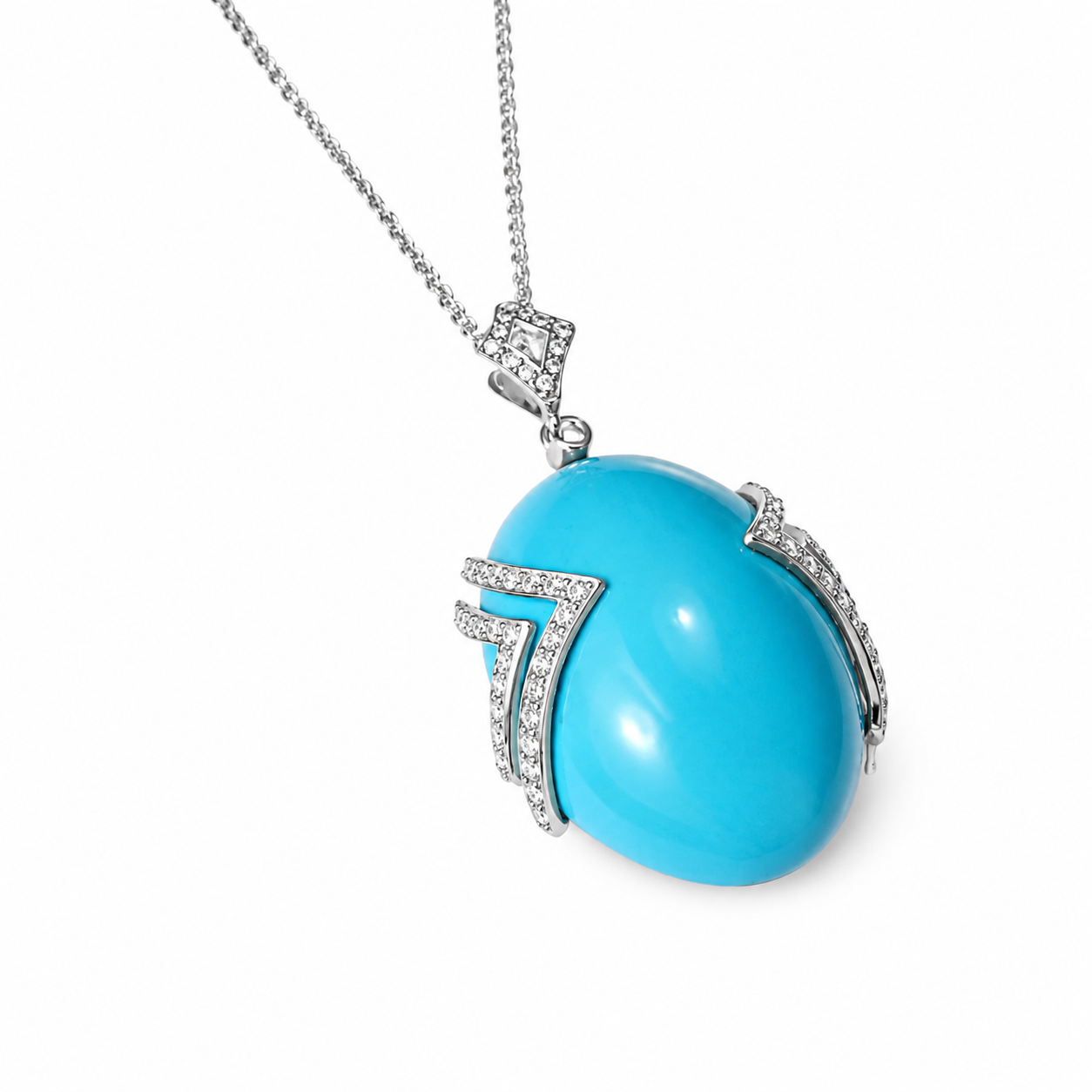 14K White Gold Diamond Turquoise Pendant Necklace