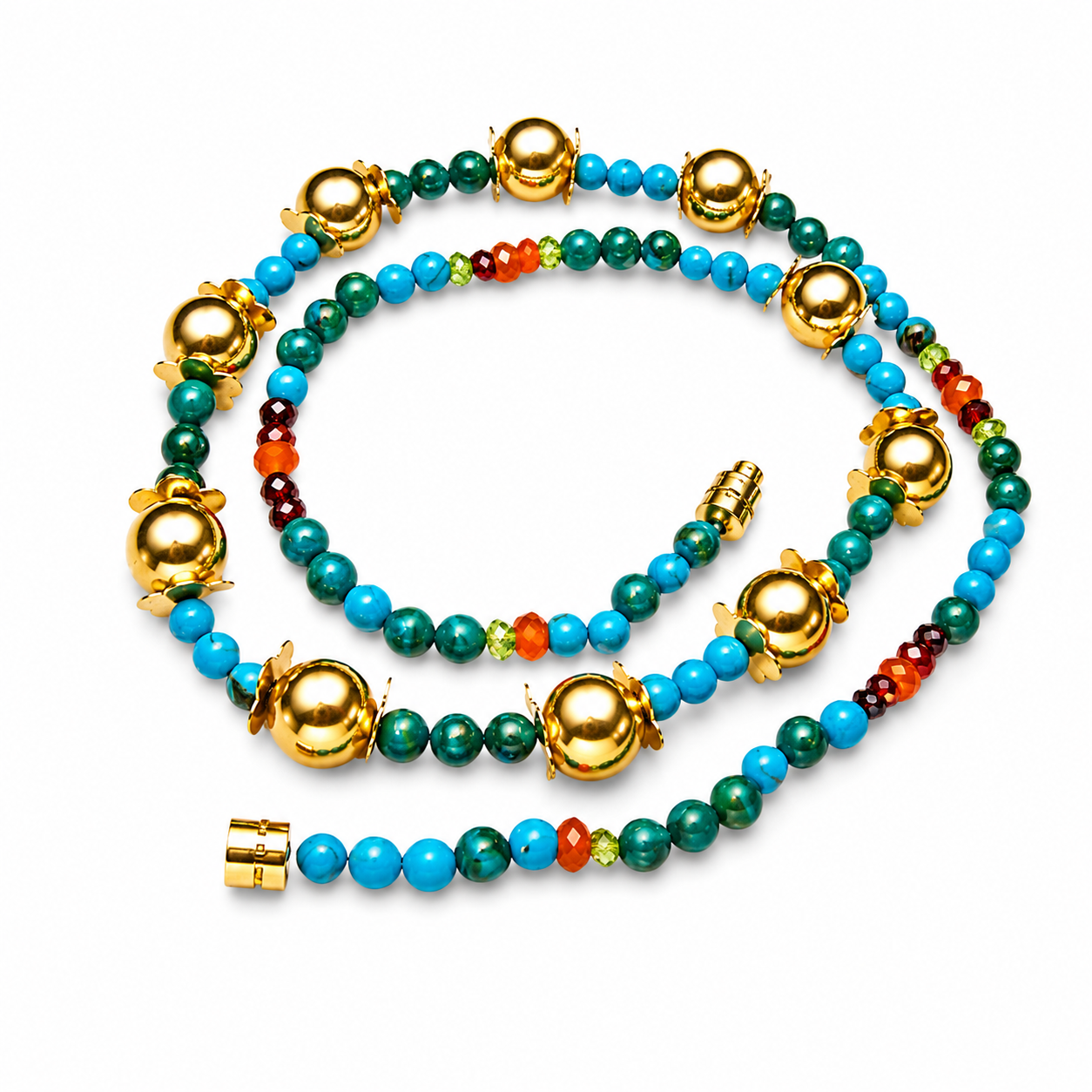 14K Yellow Gold Turquoise Carnelian Peridot Garnet Beaded Strand Necklace