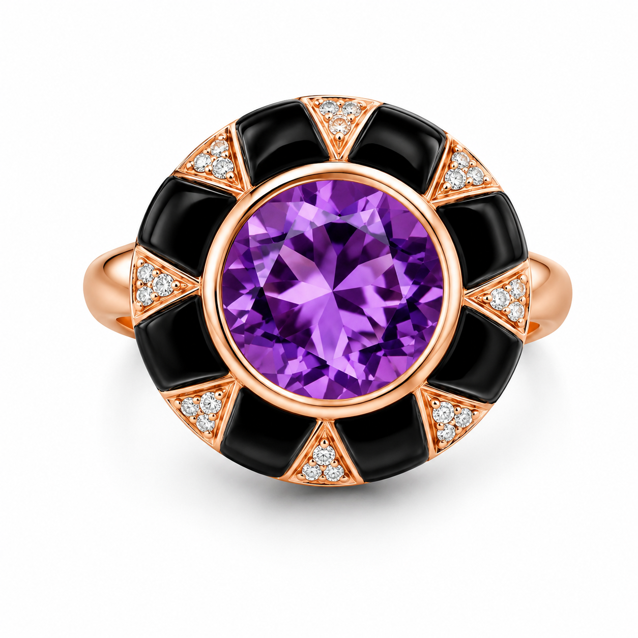 14K Pink Rose Gold Amethyst Onyx Diamond Cocktail Ring
