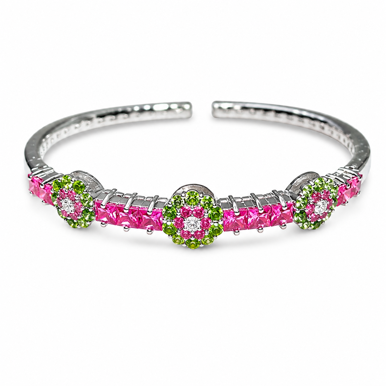 18K White Gold Pink Sapphire Green Garnet Diamond Bangle Bracelet