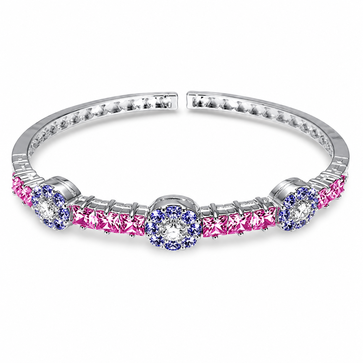 18K White Gold Pink Blue Sapphire Diamond Bangle Bracelet