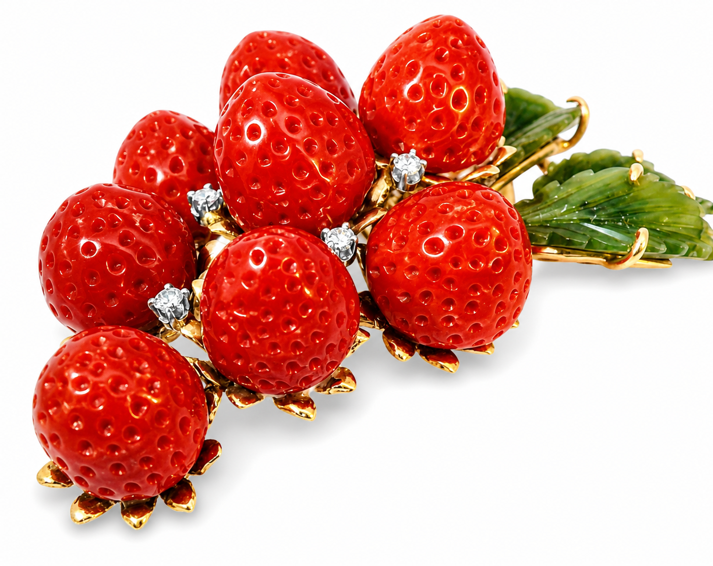 14K Gold Designer Carved Red Coral Strawberry Diamond Brooch Pendant