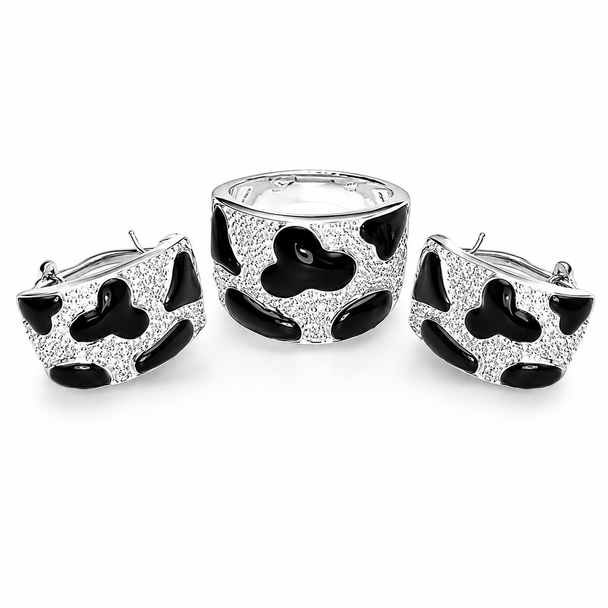 14K White Gold Onyx Diamond Animal Paw Print Earrings Ring Set