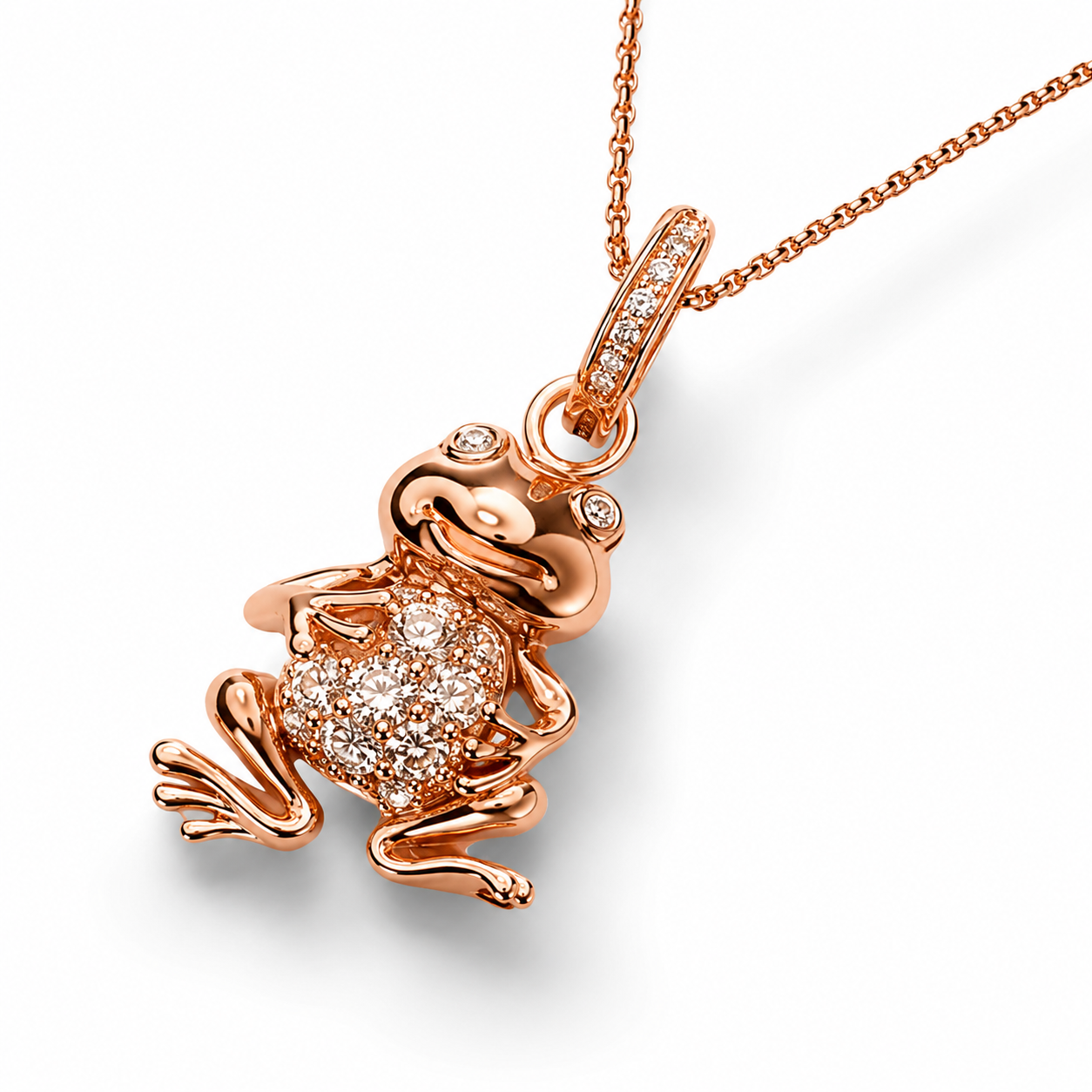 14K Pink Rose Gold Designer Diamond Toad Frog Whimsical Pendant Necklace