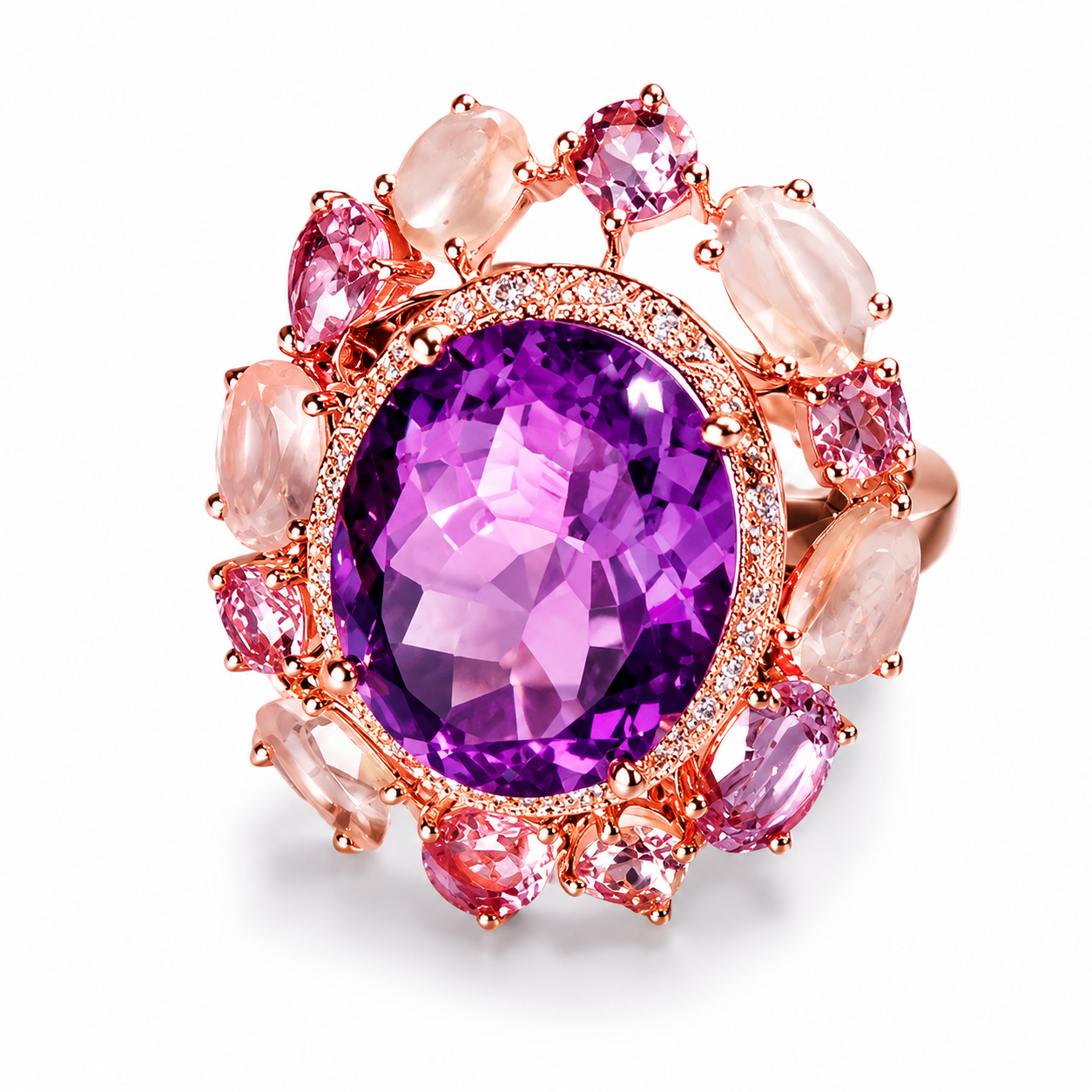 14K Pink Gold Amethyst Quartz and Diamond Ring