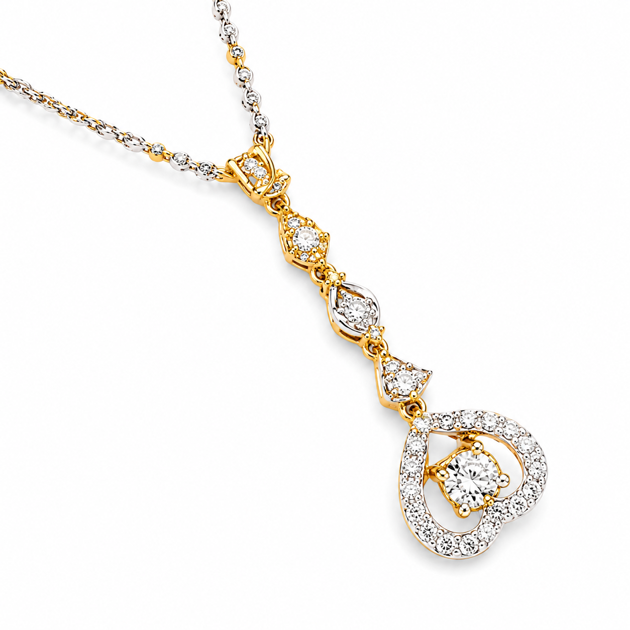 14K White Yellow Gold Diamond Heart Station Necklace