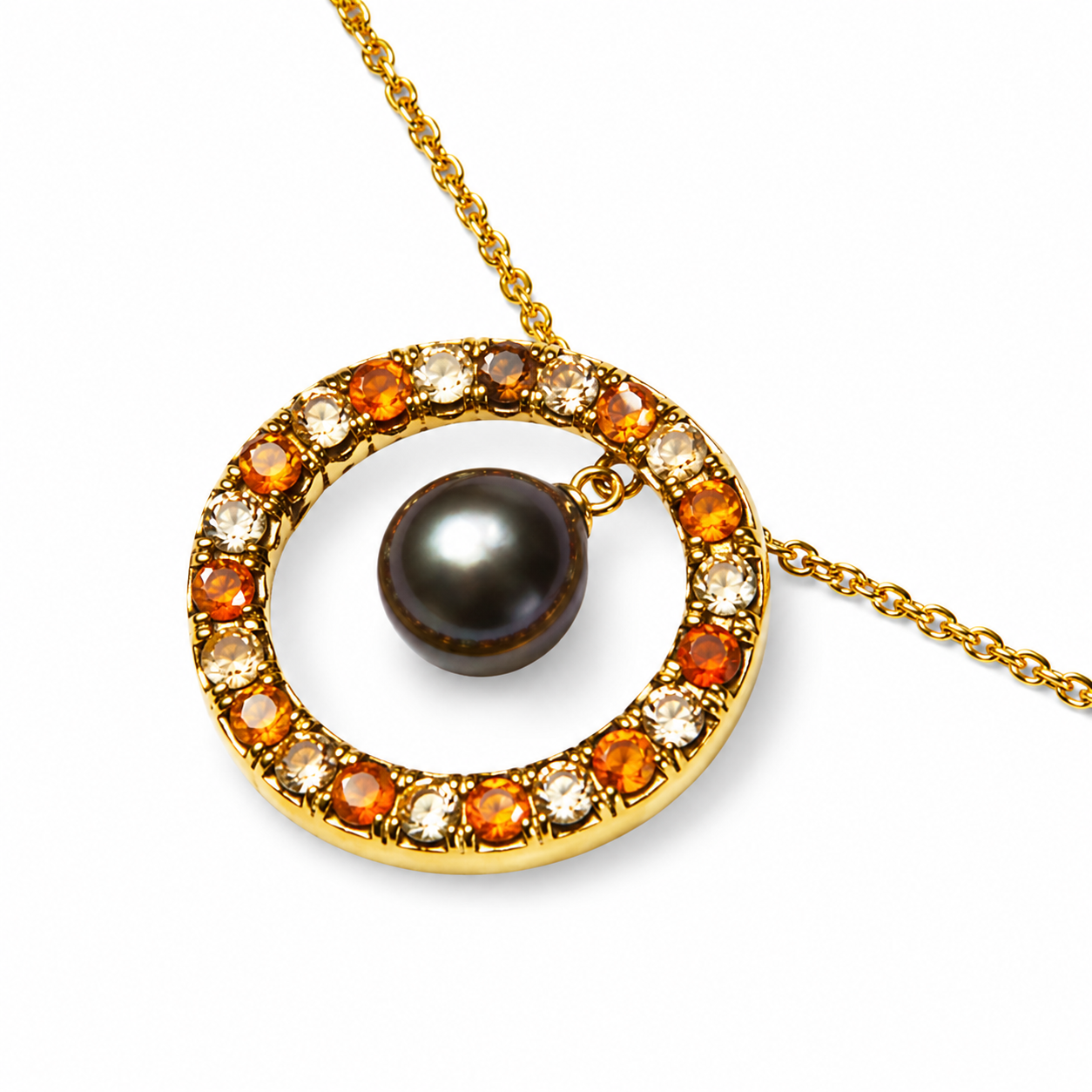 14K Yellow Gold Black Pearl Orange Citrine Topaz Pendant Necklace