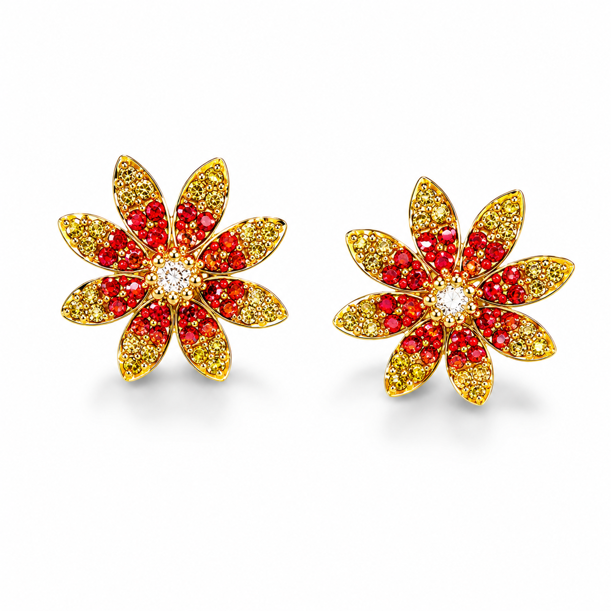 14K Yellow Gold Diamond Red Sapphire Flower Stud Earrings Studs