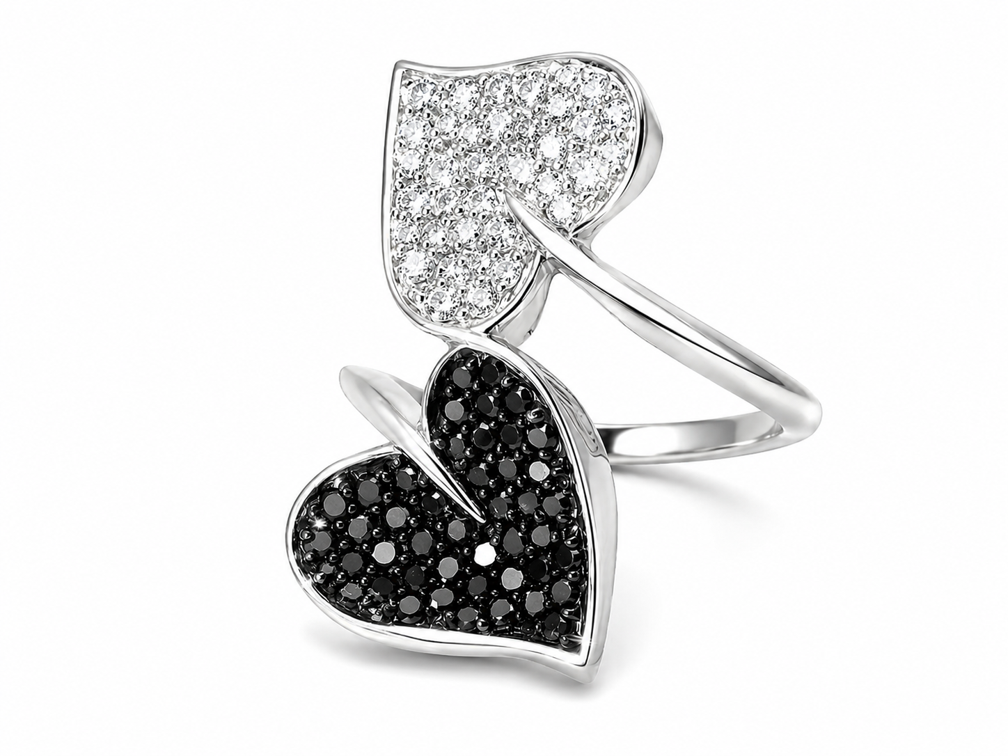 10K White Gold Pave Black Diamond Leaf Heart Ring