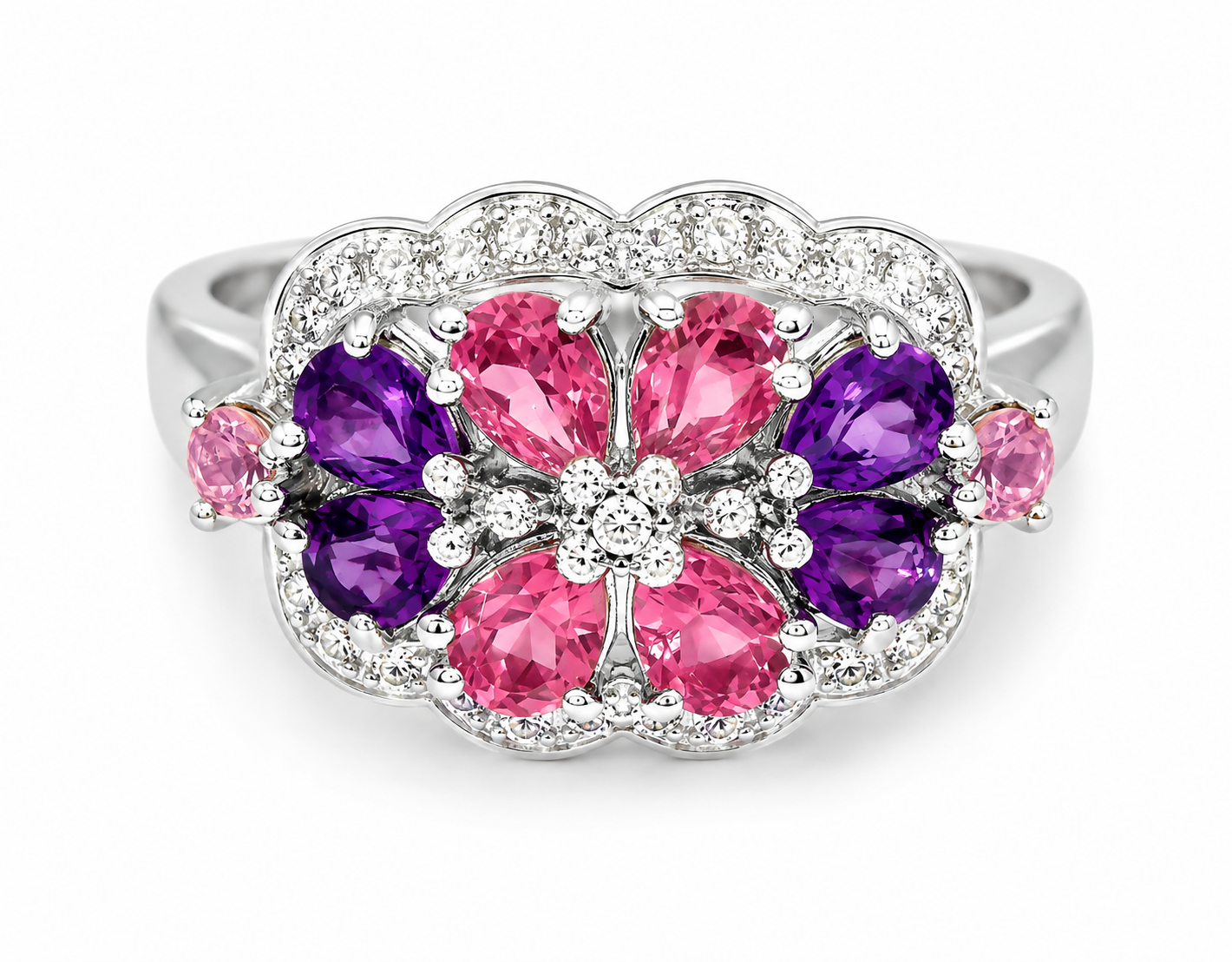 14K White Gold Diamond Tourmaline Amethyst Floral Ring Band